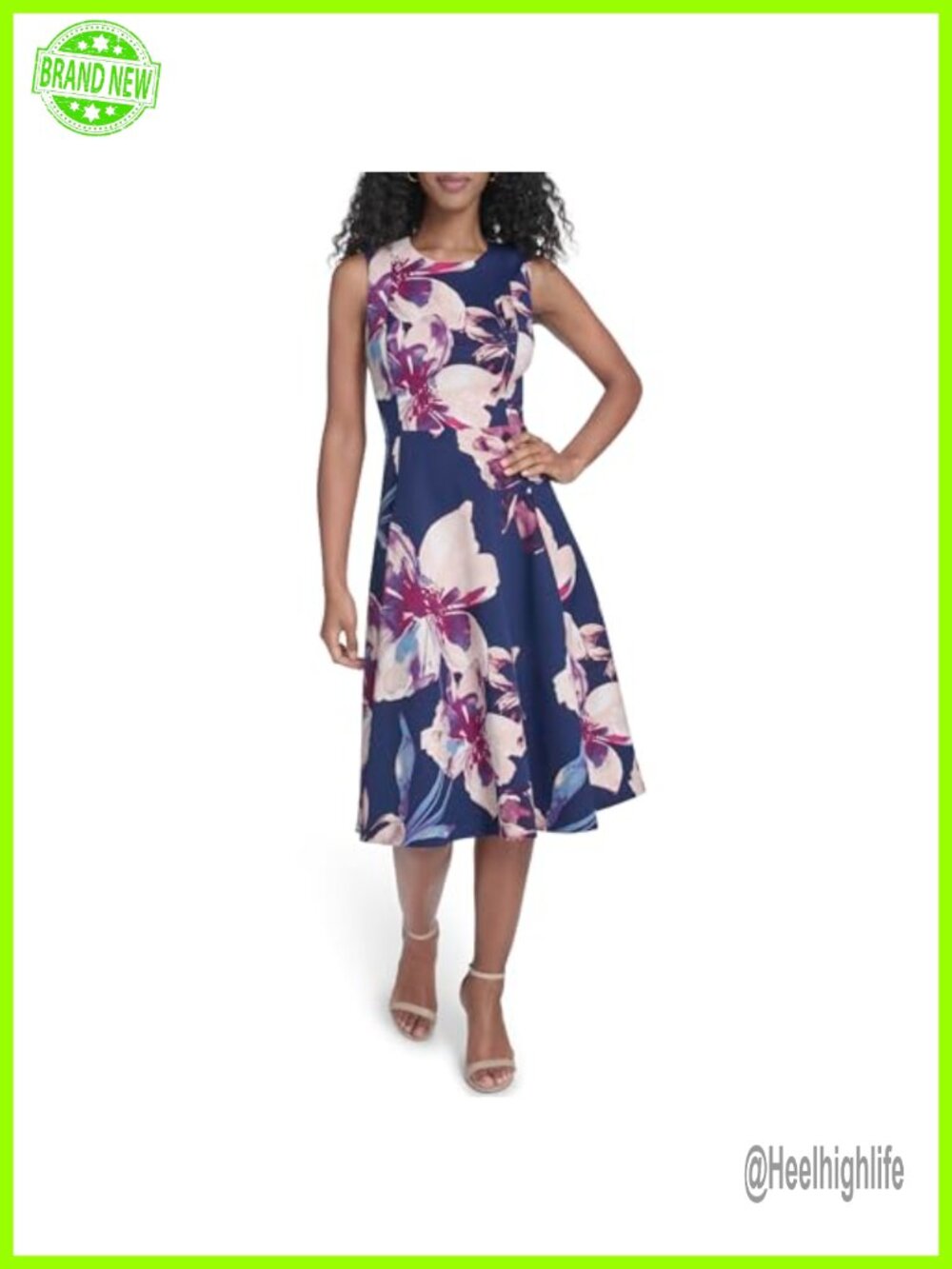 Sleeveless Floral Fit and Flare Knee-Length Dress